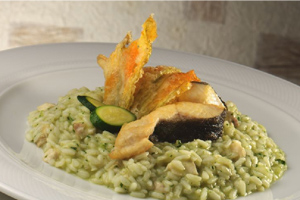 RISOTTO MANTECATO CON ZUCCHINE, BASILICO, TRENTINGRANA E SALMERINO ALPINO ARROSTITO.